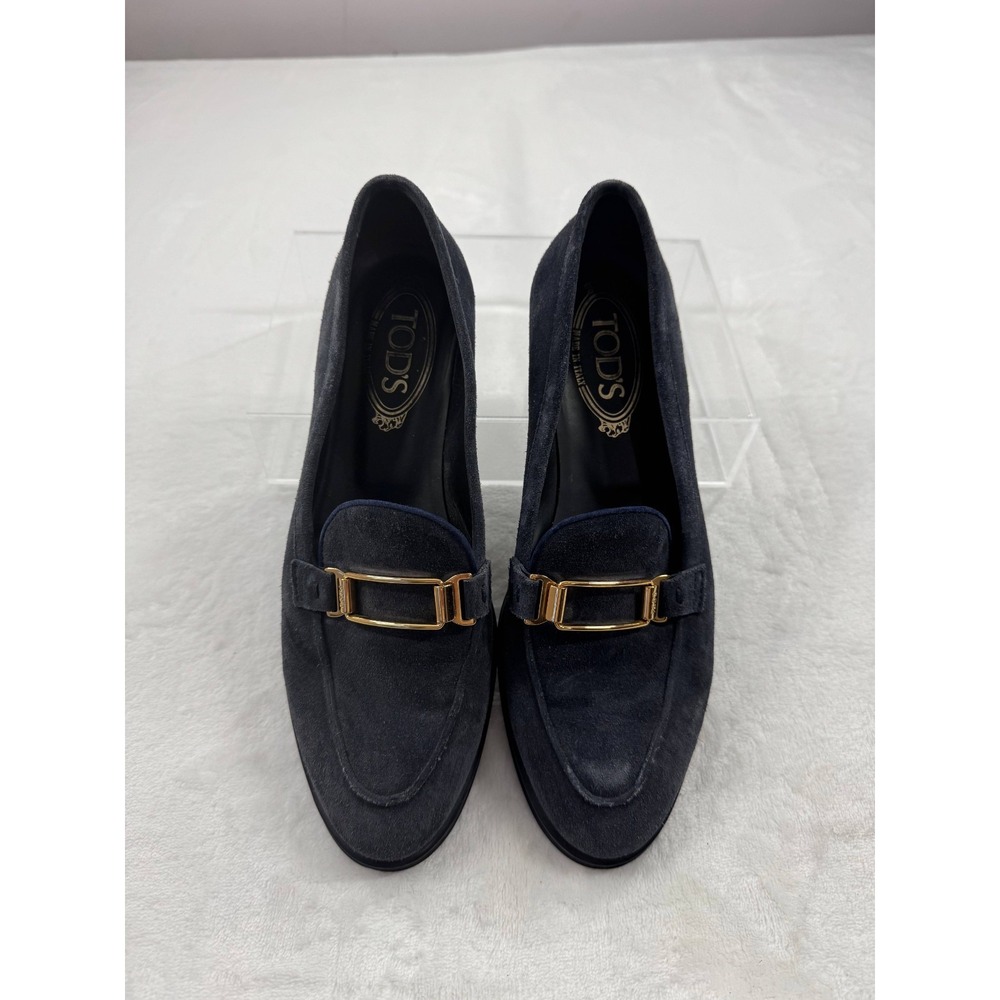Tod's Loafers Women's 37.5 Navy Blue With Gold Buckle Suede Slip-On Comfort‎